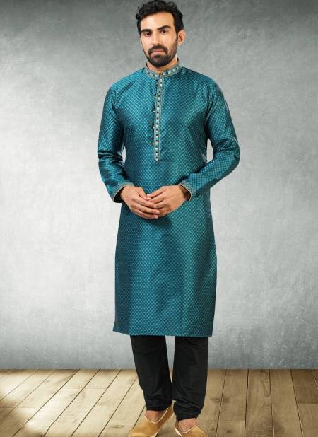 Teal Blue Colour New Design Jacquard Silk Brocade Festive Wear Latest Kurta Pajama Mens Collection 1219-1018